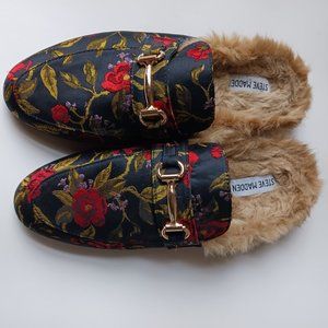 Steve Madden Black with red flowers faux fur lined mules.